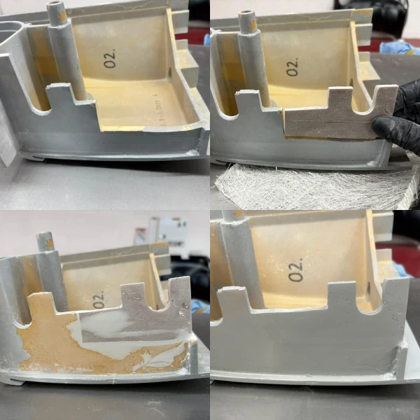 Reparatur eines Kunststoff-Gehäuses in mehreren Schritten mit Spachtelmasse und Glasfasermatte.
