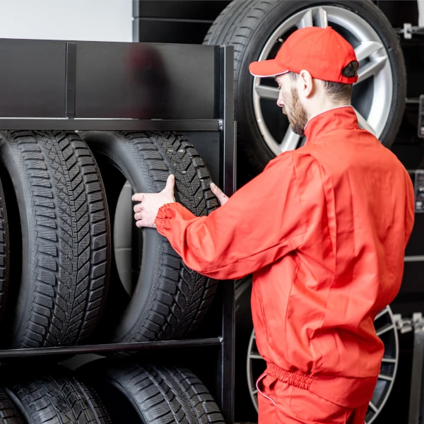 Mitarbeiter in roter Arbeitskleidung überprüft Autoreifen im Regal