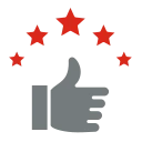 Grafisches Symbol einer Hand mit fünf roten Sternen für Kundenbewertung und Qualität.