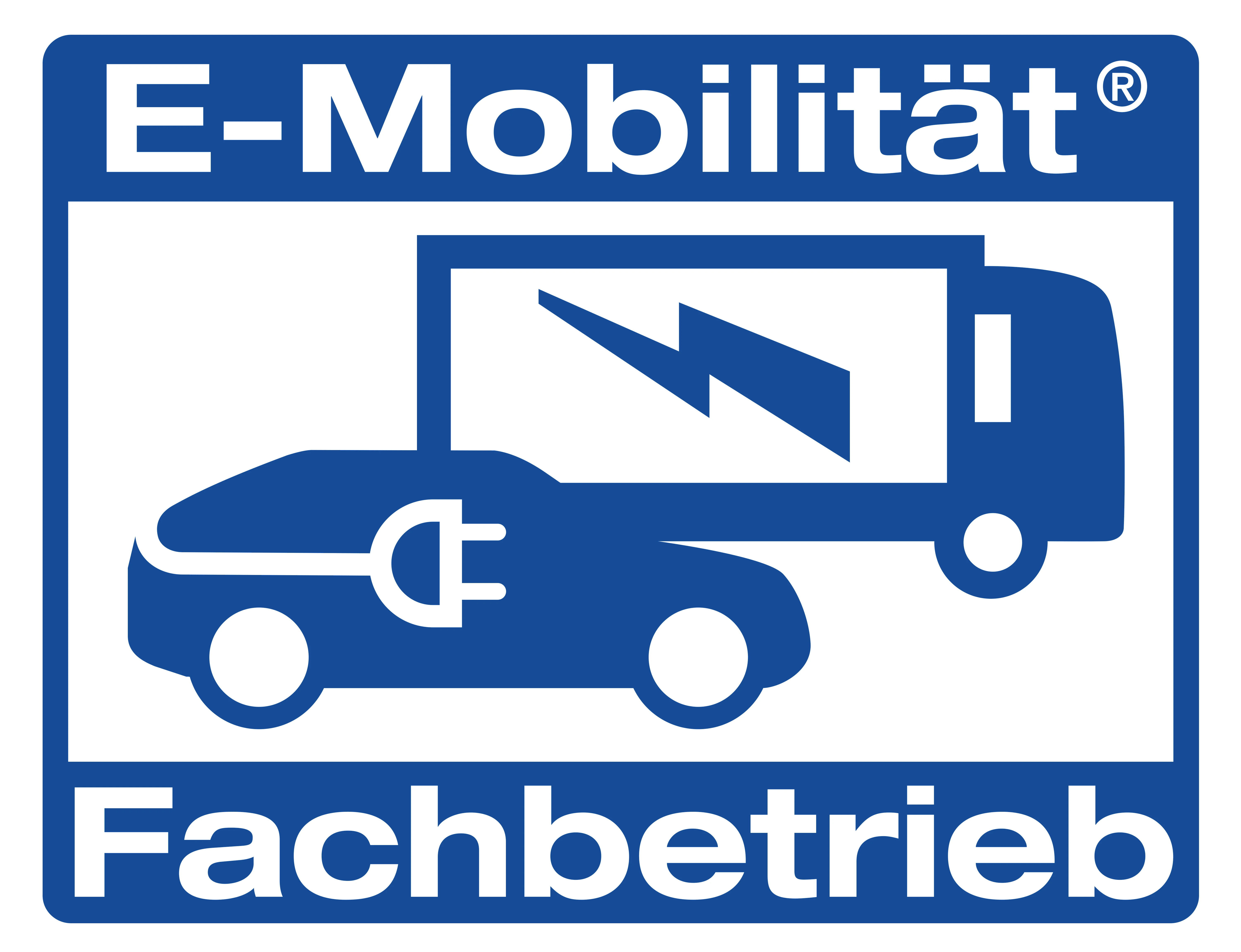 Blaues Logo mit Elektroauto, Lkw und Schriftzug E-Mobilität Fachbetrieb.