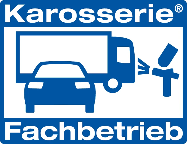Blaues Logo mit Auto, Lkw und Lackierpistole, Text Karosserie Fachbetrieb.