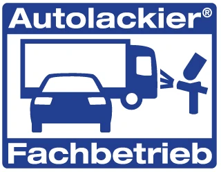 Logo eines Autolackier Fachbetriebs mit Auto, LKW und Lackierpistole in Blau.